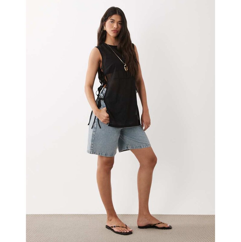 ASOS DESIGN sleeveless sheer longline co-ord top in black 115355036