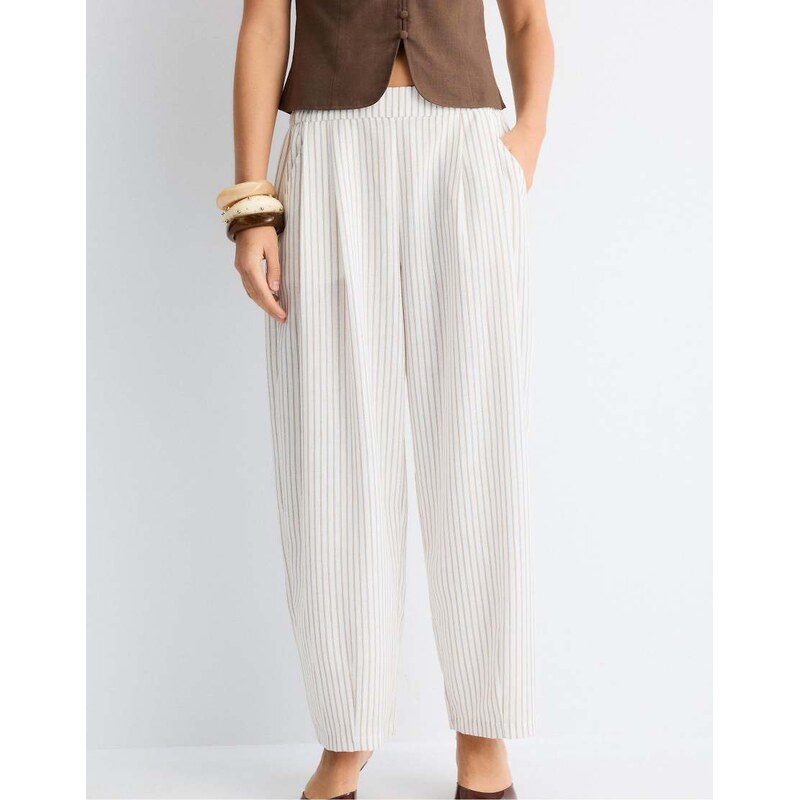 Stradivarius Striped barrel-leg flowing trousers in stone-White