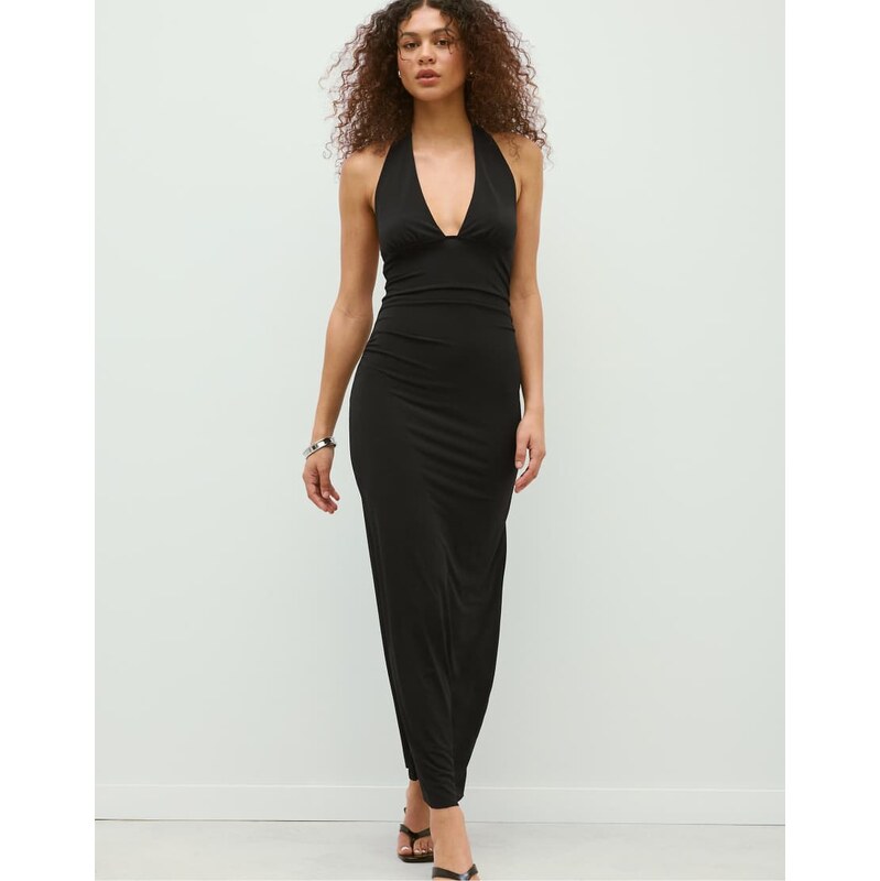 Stradivarius Halter neck backless midi dress in black 115355048