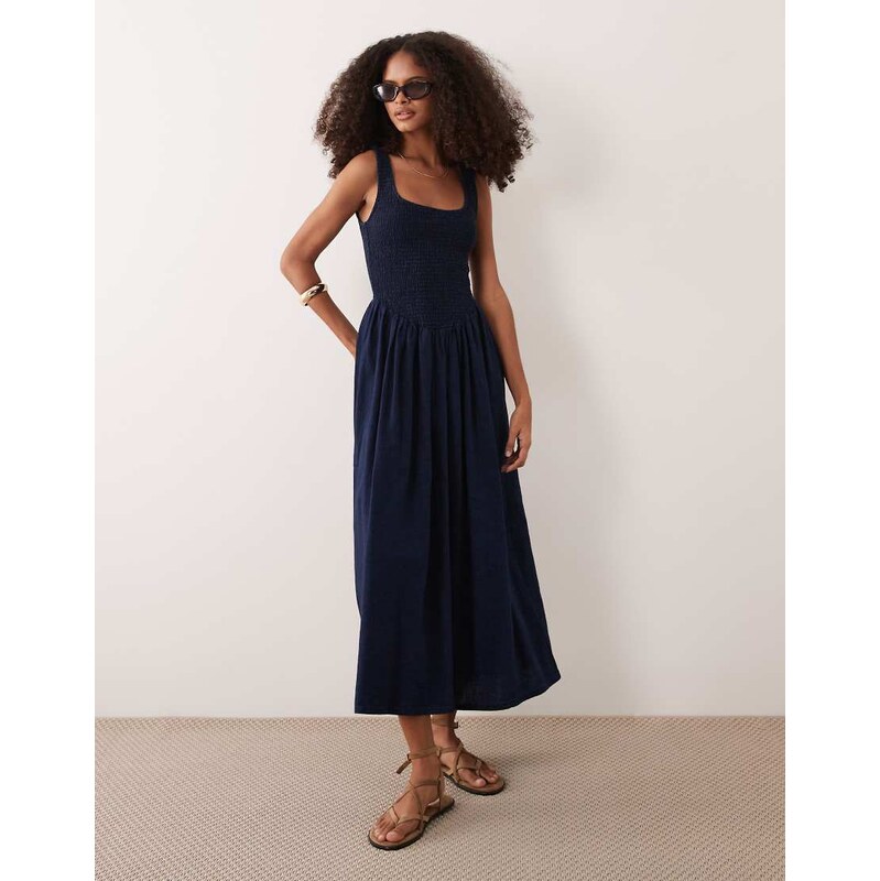ASOS DESIGN denim shirred scoop neck ballerina midi dress-Blue