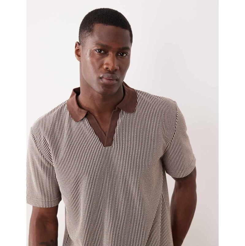 Brave Soul short sleeve polo top in brown and ecru stripe