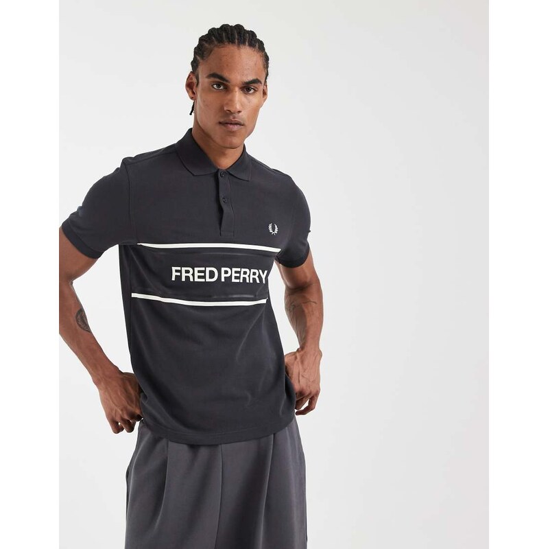 Fred Perry text logo graphic polo shirt in grey