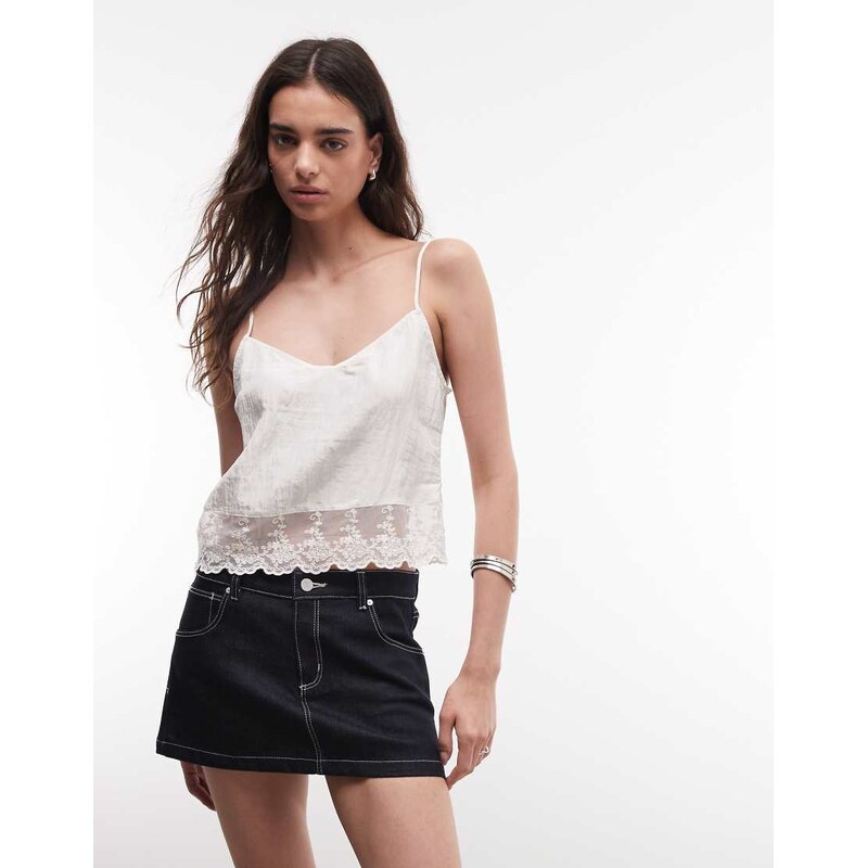 Monki crinkle satin cami top with lace trim in ivory-White 115589779