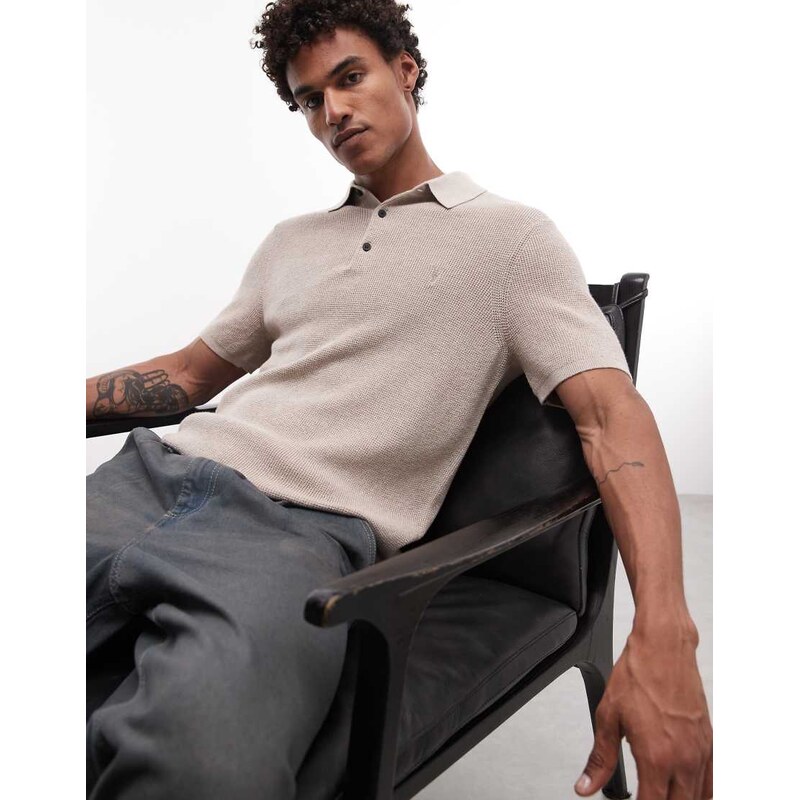 AllSaints short sleeve knitted polo in grey