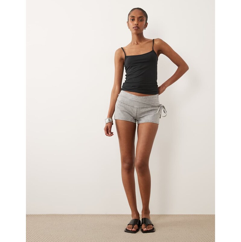 Mango Teen tie waist denim micro short in grey
