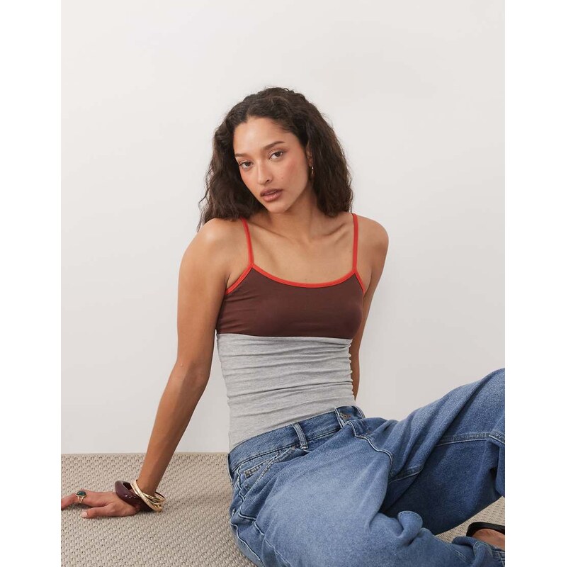 ASOS DESIGN colour block cami top in red and grey marl-Multi