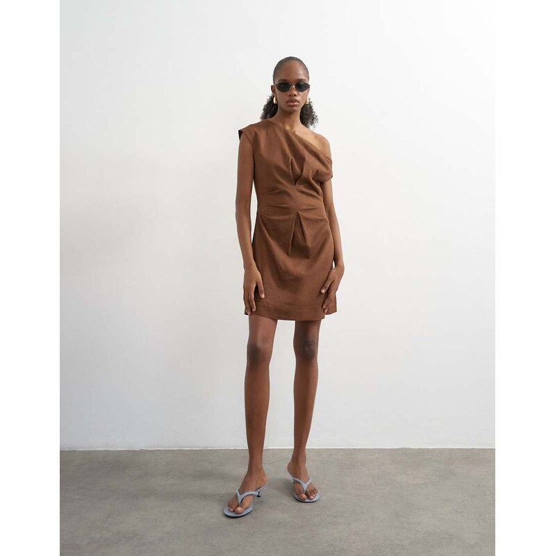 Topshop linen rich fallen shoulder mini dress with tucked waist