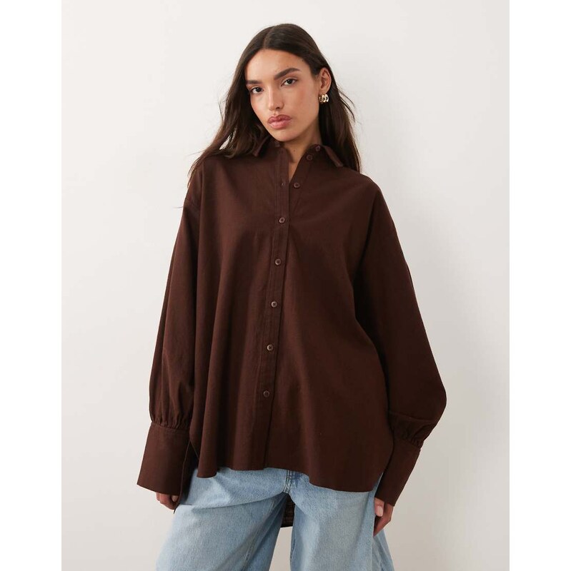 ASOS DESIGN linen look shirt in chocolate-Neutral