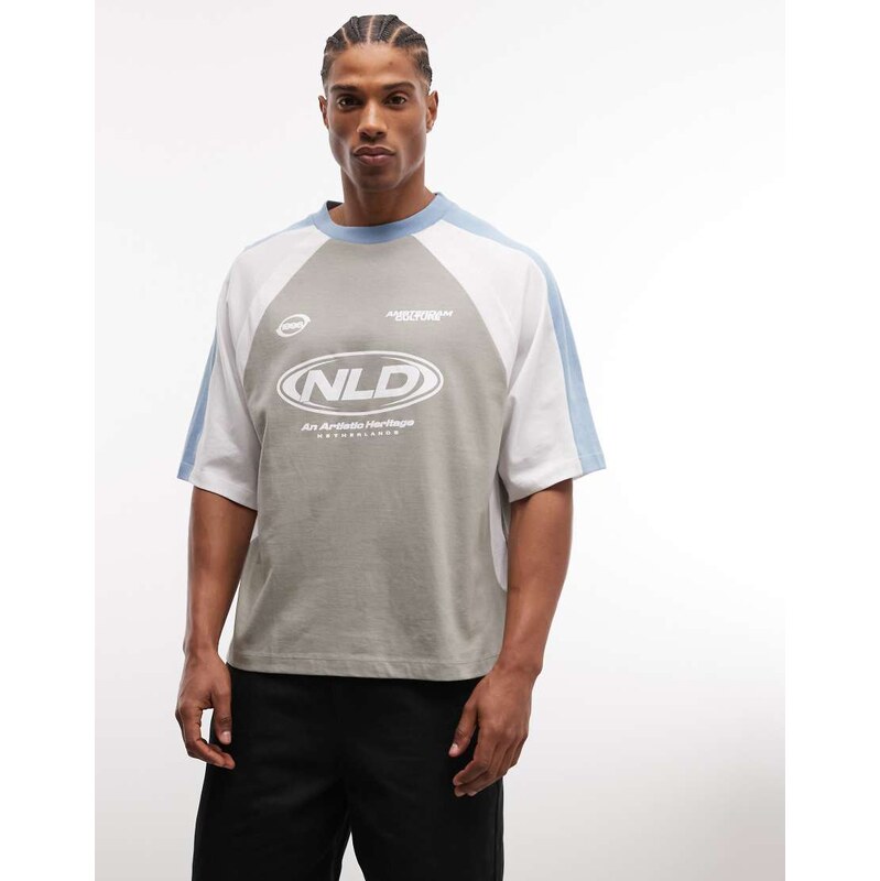ASOS DESIGN boxy oversized t-shirt with cut and sew panelling and sports graphic in grey