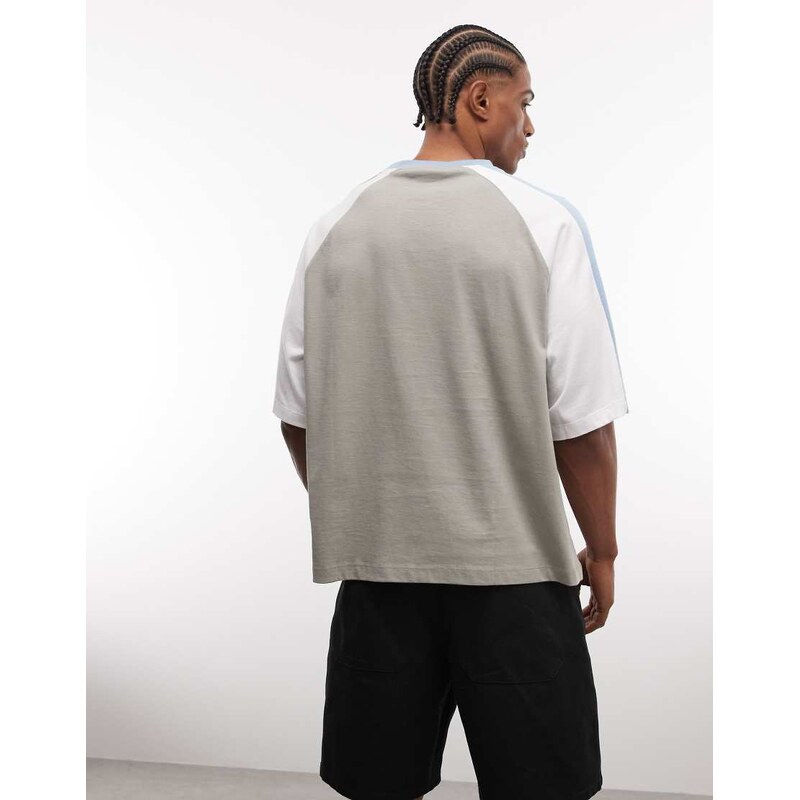 ASOS DESIGN boxy oversized t-shirt with cut and sew panelling and sports graphic in grey