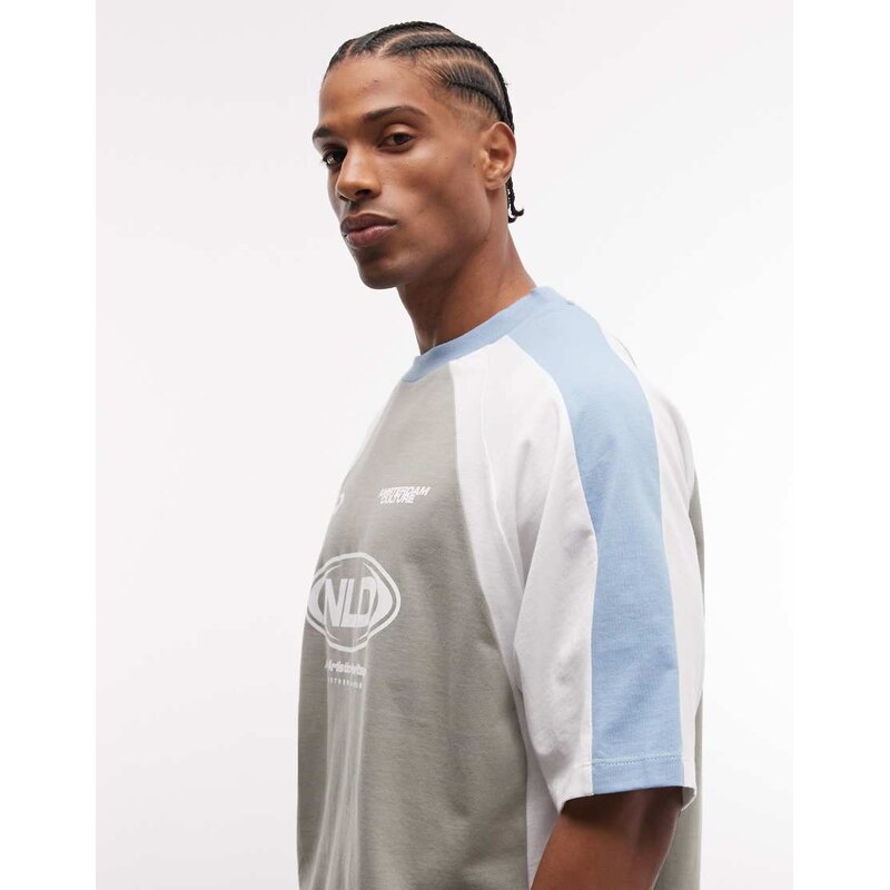 ASOS DESIGN boxy oversized t-shirt with cut and sew panelling and sports graphic in grey