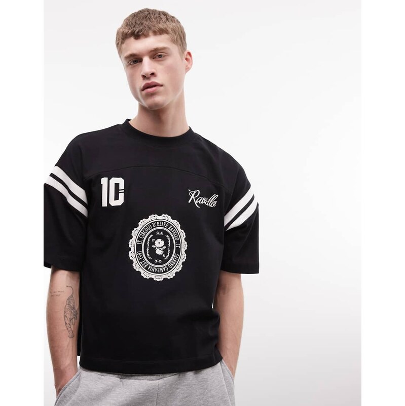 ASOS DESIGN boxy oversized fit t-shirt with cut and sew panelling and football graphic in black