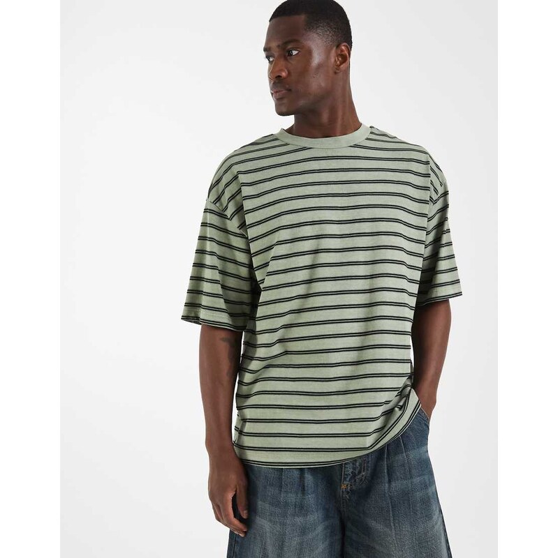 ASOS DESIGN oversized t-shirt in green washed stripe-Multi