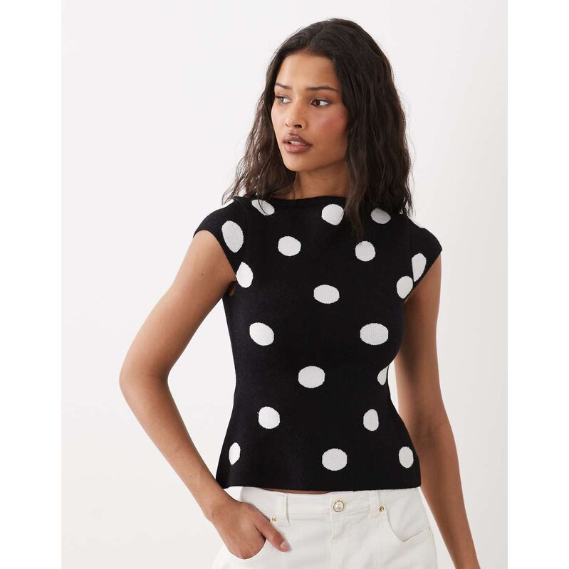 ASOS DESIGN fine knit slash neck top in black polka dot-Multi