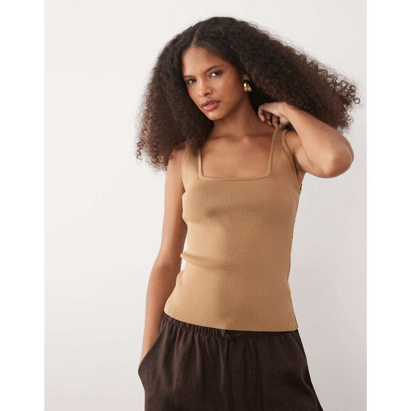 ASOS DESIGN knitted square neck cami top in mocha-Brown
