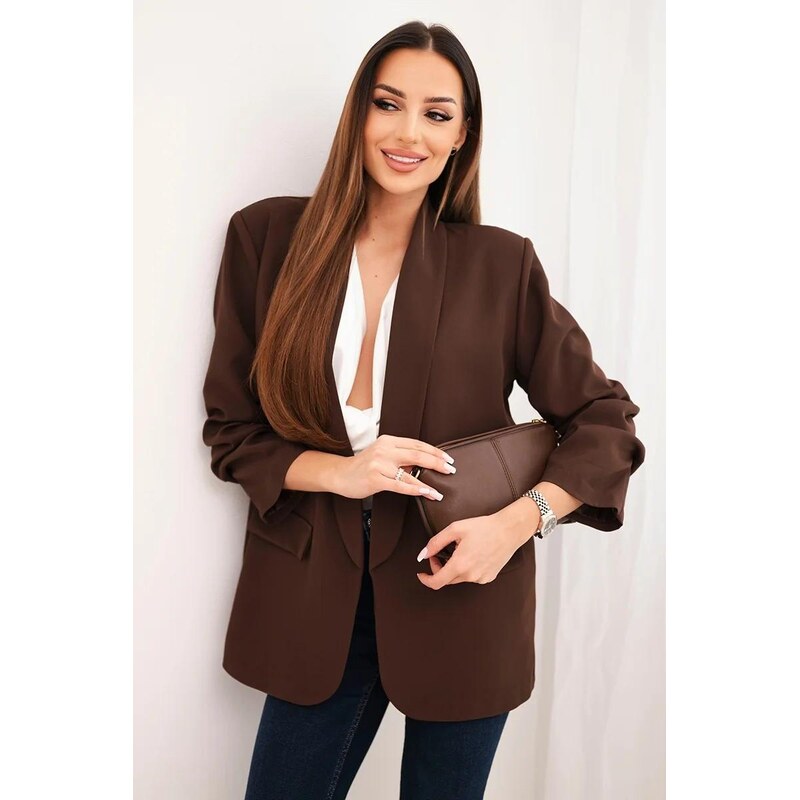 MladaModa Elegantní sako s nařasenými rukávy model 9709 hnědé