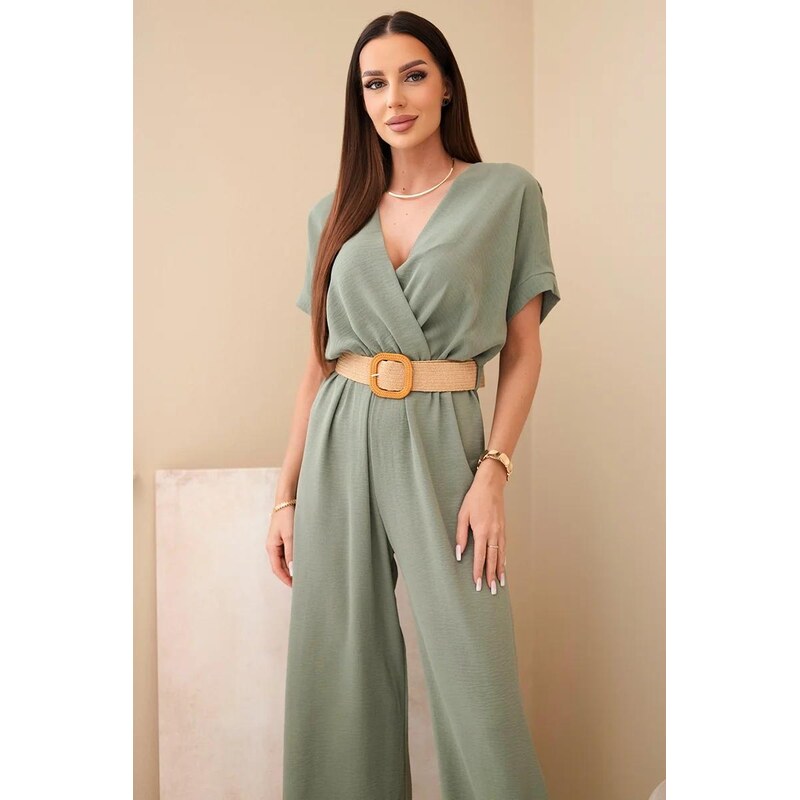 MladaModa Elegantní overal s ozdobným páskem model 5877 barva světlá 92040565