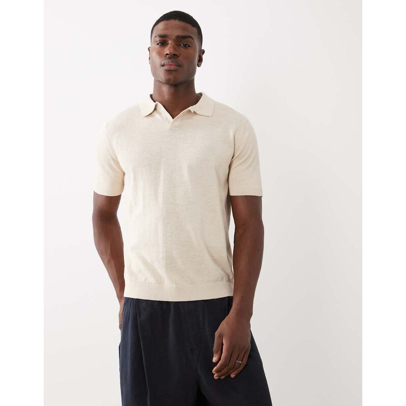 Selected split neck polo linen blend in cream-Grey