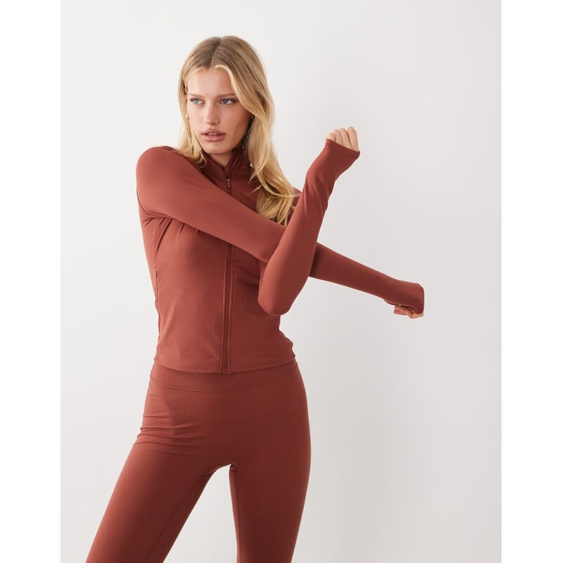 4505 Icon soft touch zip up studio long sleeve top in amber