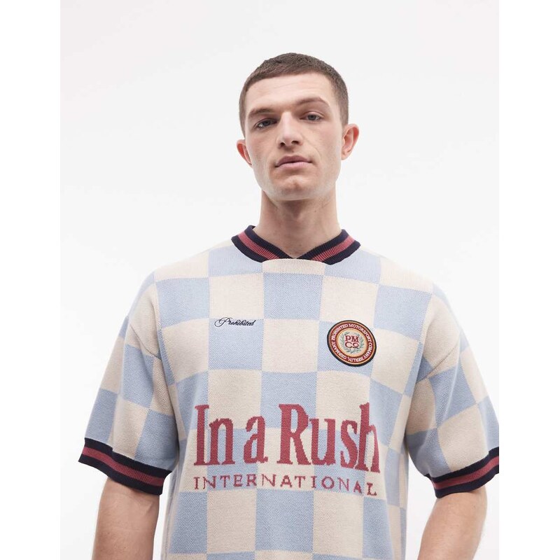 Prohibited victory knitted short sleeve jumper in blue-White