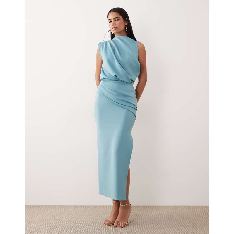ASOS DESIGN draped structured midi dress with split in blue