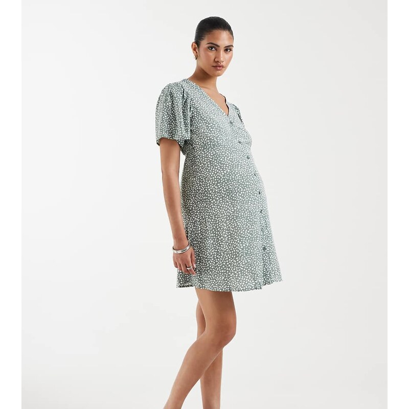 Vero Moda Maternity button front mini tea dress in green polka