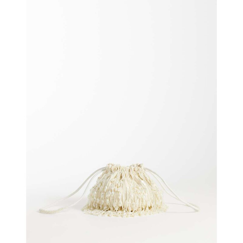ASOS DESIGN embellished clutch bucket bag in faux natural pearl fringe 115366045