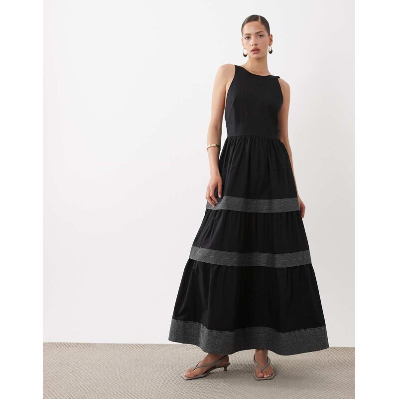 BOSS Orange sheer panel full skirt midi dress in black