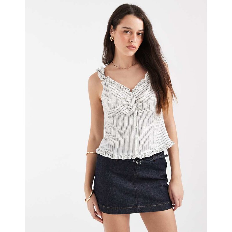 Object ruched shoulder button front top in white stripe 115366082