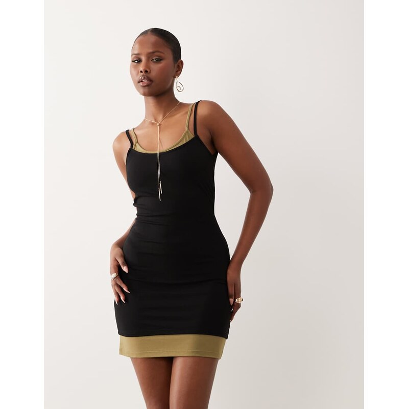 ASOS DESIGN double layer mini dress black and khaki-Multi