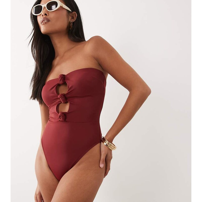 ASOS Petite ASOS DESIGN Petite Martina knot swimsuit in burgundy-Red 115366101