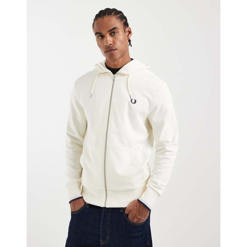 Fred Perry zip through hooded sweatshirt in ecru-White