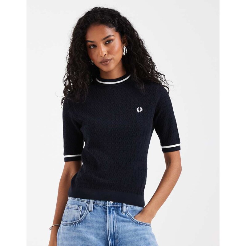 Fred Perry textured knitted short sleeve top in navy 115366121