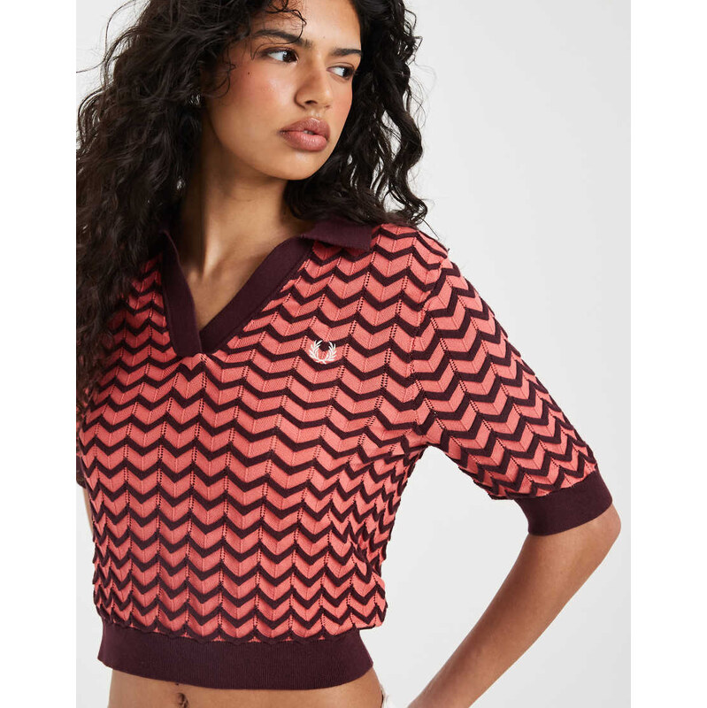 Fred Perry pointelle contrast knitted shirt in red