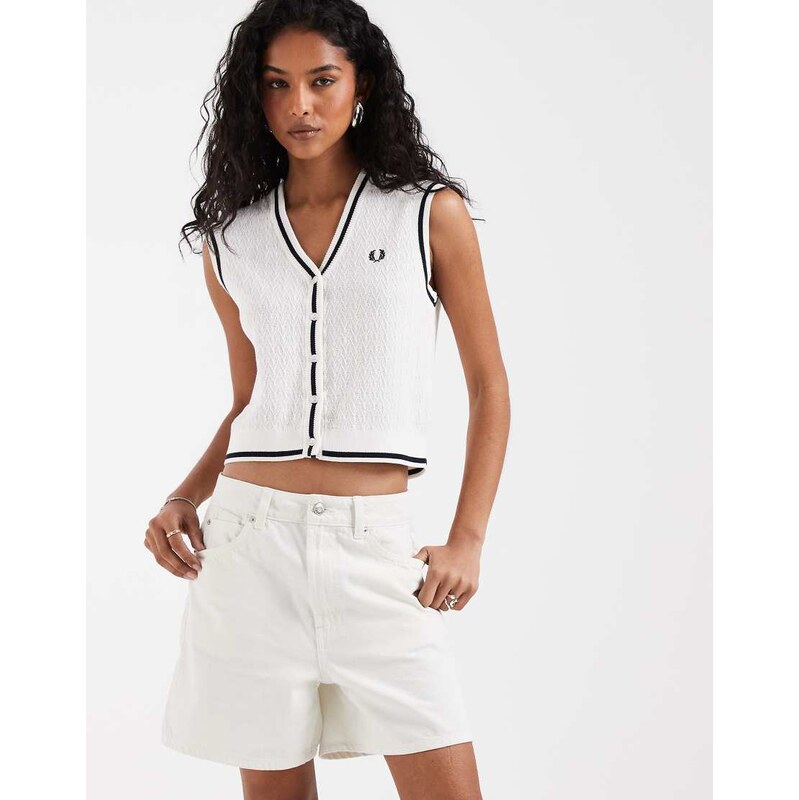 Fred Perry textured knit button through tank in white