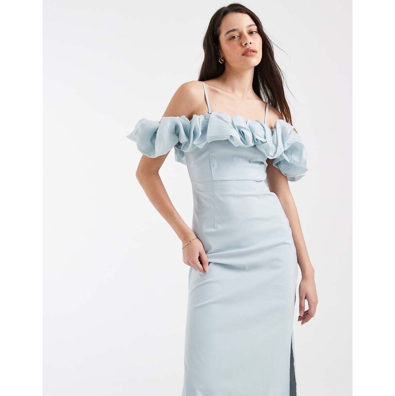 Object extreme off the shoulder satin ruffle trim maxi dress in soft 115366128