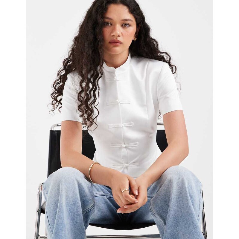 ASOS DESIGN heavy satin mandarin collar short sleeve jacket in