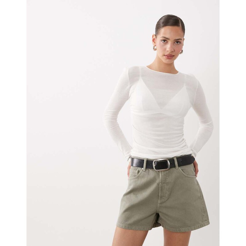 ASOS DESIGN high waist denim shorts in khaki-Green