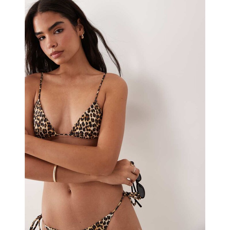 Mango leopard print tie back bikini top in brown