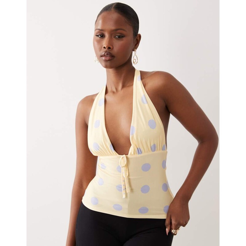 ASOS DESIGN co-ord printed slinky halterneck top in lemon and