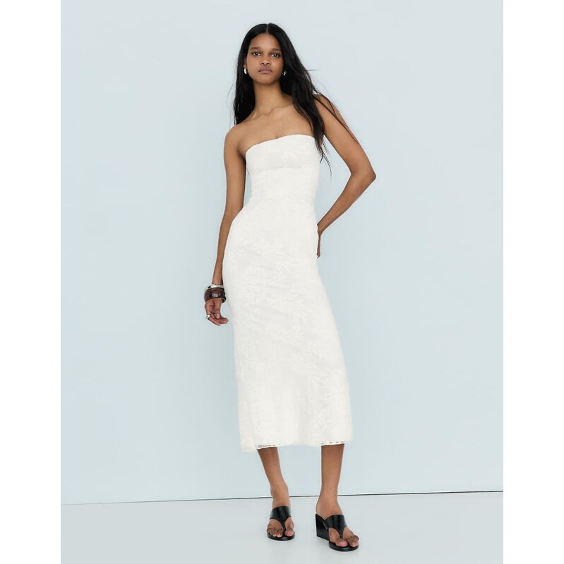 Bershka Rustic bandeau midi dress in ecru-White