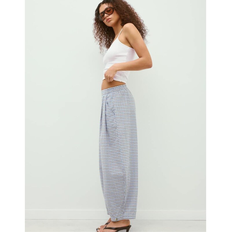 Stradivarius Flowing barrel check trousers in sky blue