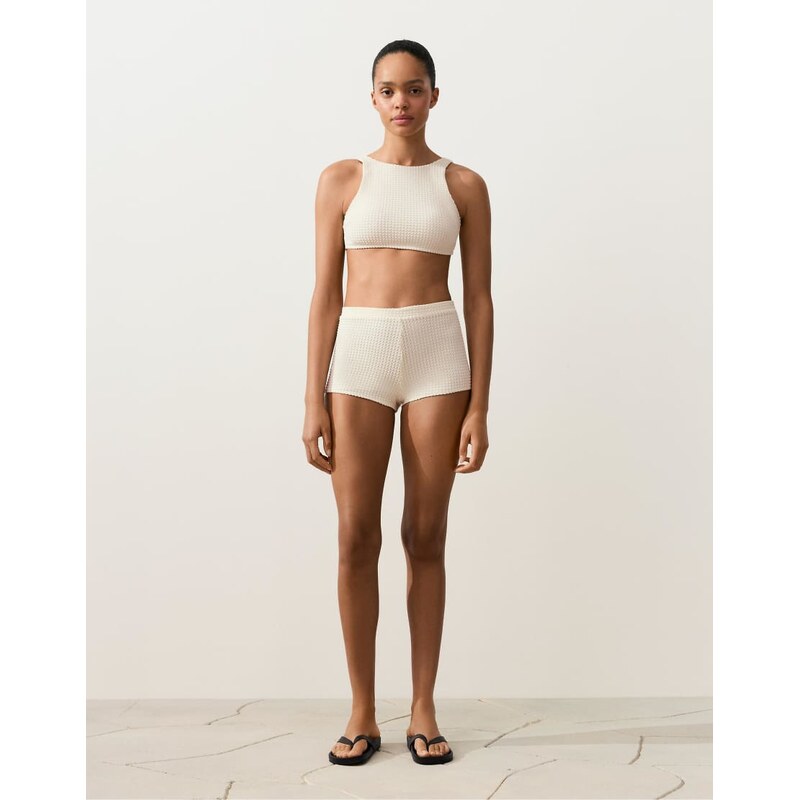 OYSHO Bubble-texture crochet high-waisted bikini shorts in ecru 115388901
