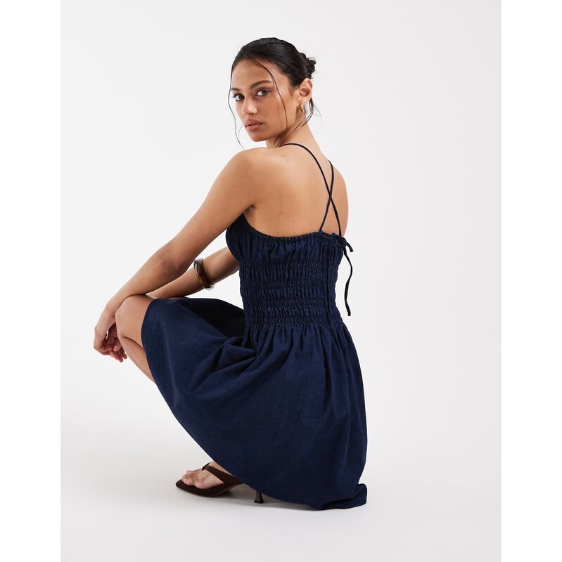 ASOS DESIGN denim shirred mini dress in inky wash-Blue