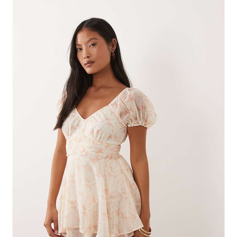 Miss Selfridge petite chiffon rara mini playsuit in pink print-Multi 115521231