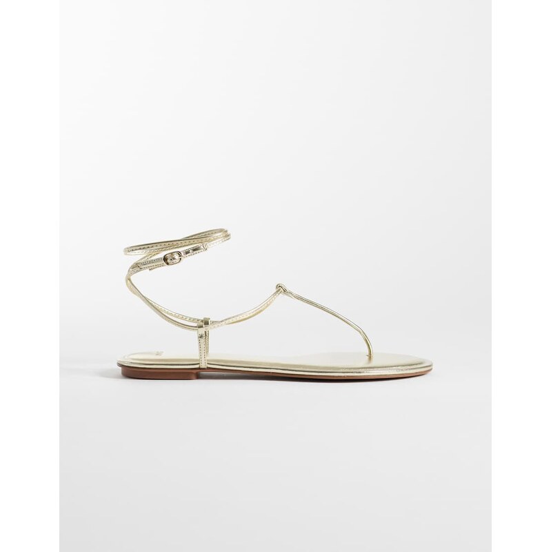 Mango strappy flat toe post sandals in gold