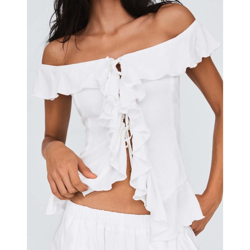 Bershka Bardot frill top in white