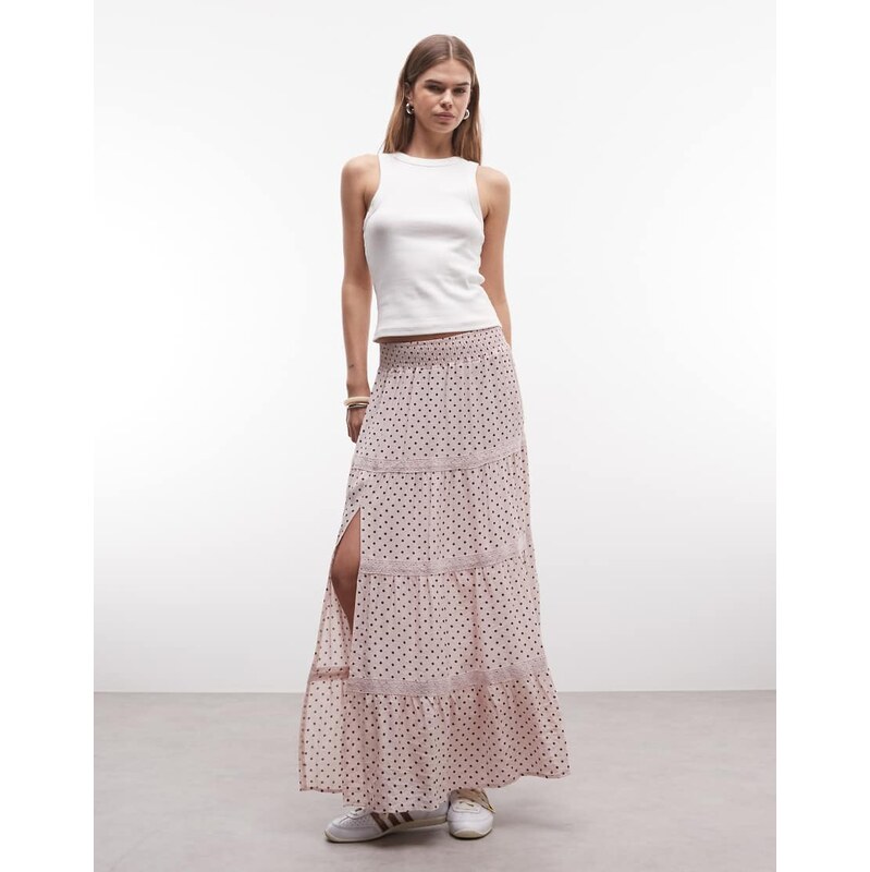 Daisy Street low rise tiered maxi skirt in pink polka dot-Multi