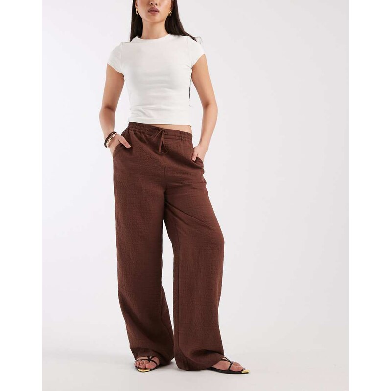 New Look textured stripe wide leg trousers in brown 115589646