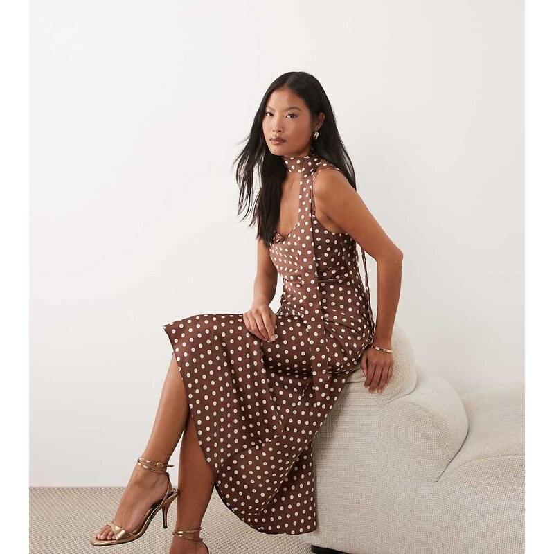 New Look Petite scarf polka dot satin cami midi dress in brown